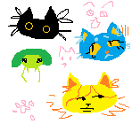 squiggly headshots of a black cat, teal cat, green isopod and a yellow cat