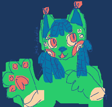 sketch of an anthro green housecat, with white spots, blue locs and pink/red eyes