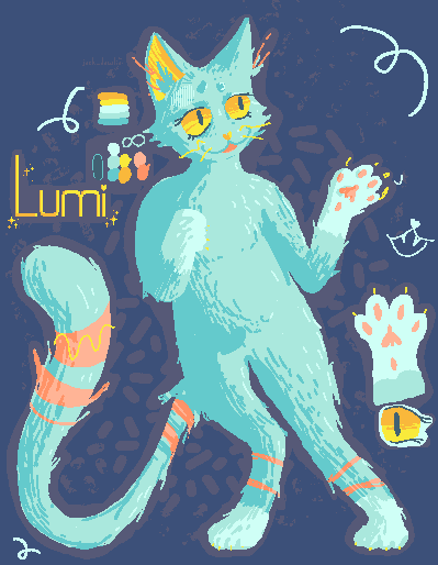 A drawing of a teal anthro cat standing nerviously with a slightly concerned face. See below for full description. shiny yellow text next to her has her name 'Lumi'