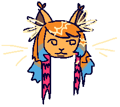 headshot of juniper with layered scene hair, blonde at the top with dip dyed blue, and pink lomger stands at the face with black racoon stripes