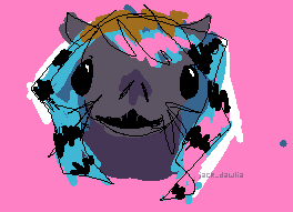 A sketchy drawing of Seal's head; a sealon with chunky side-parted hair that's unevenly dyed blue and pink with black racoon striped and large dirty blond roots. Her fur is grey and she has large black glassy eyes