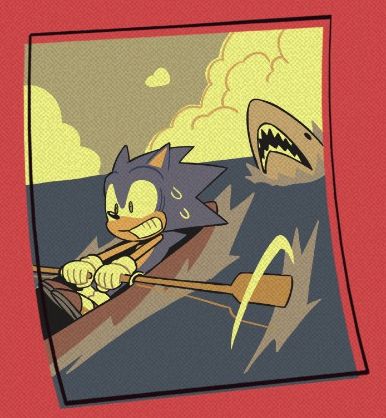 a picture of sonic rowing a boat while a shark chases